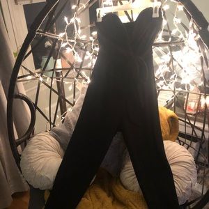 Black strapless pants romper with tie